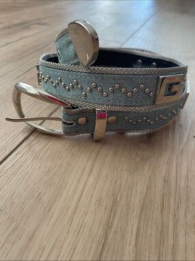 Vintage GUESS Y2K Light Blue Denim Belt with Rhinestone G Buckle